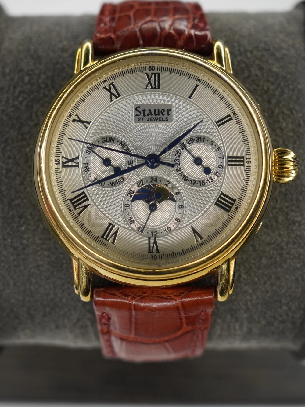 Stauer 13452 Automatic 27 Jewels Day Date 24-Hour Gold Tone Silver Dial
